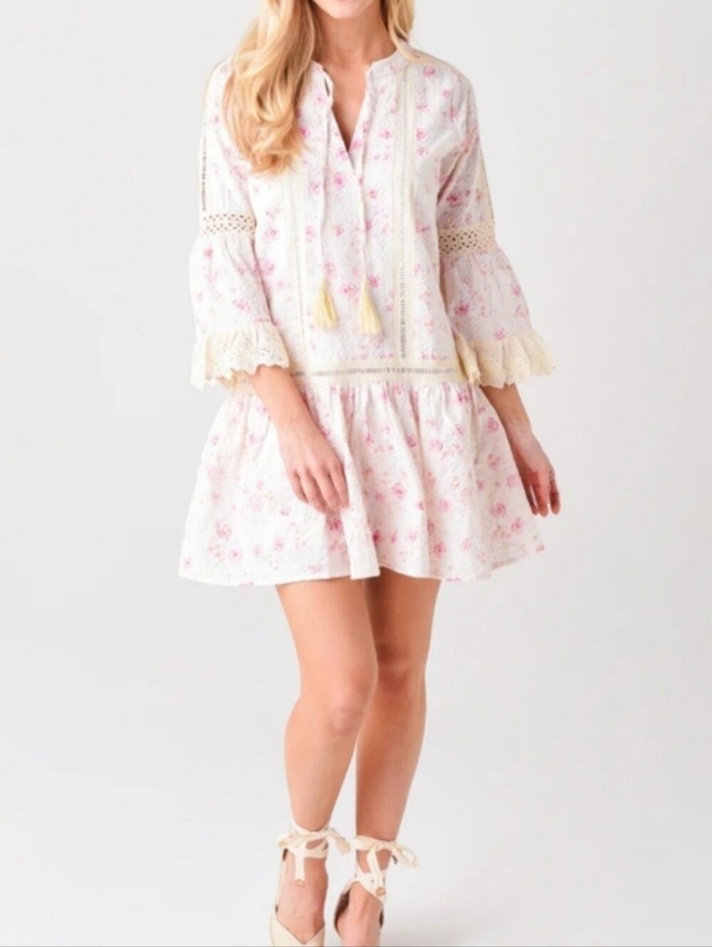 Embroidered Drop Waist Dress Eyelet Boho Floral Bell Sleeve Cottage Cream SIze L